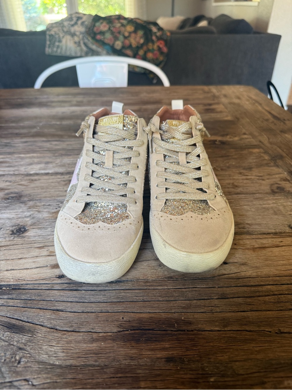 Girls' Tan Sneakers with Gold Glitter Accents